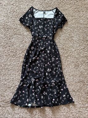 SHEIN Black Midi Dress with Pink & White Floral Print